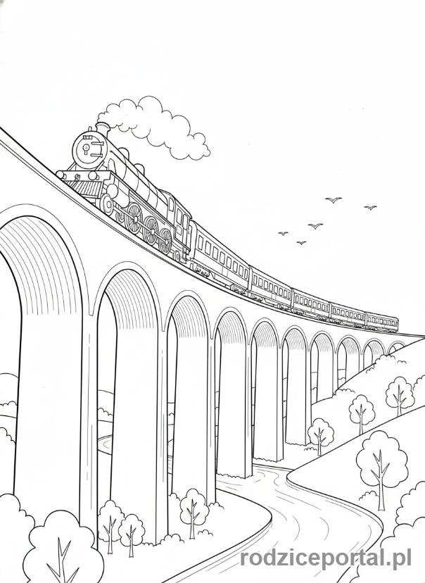 Kolorowanka Pociągi - Pociąg wjeżdżający na wiadukt.