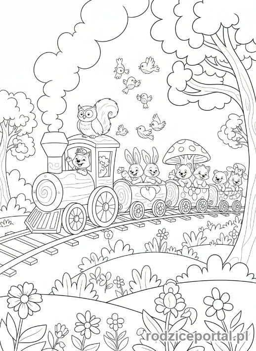 Kolorowanka Pociągi - Pociąg z bajki, pełen zwierzątek.