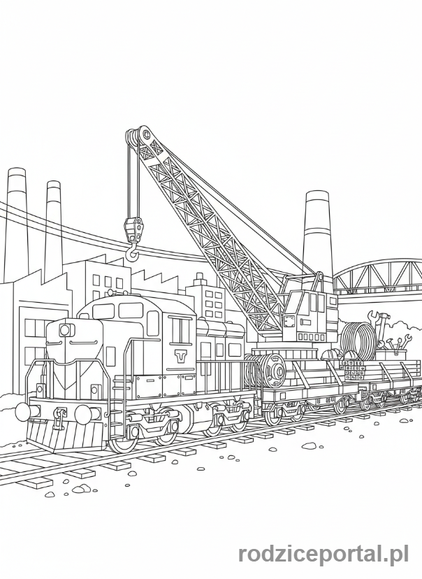 Kolorowanka Pociągi - Pociąg z dźwigiem na wagonie.
