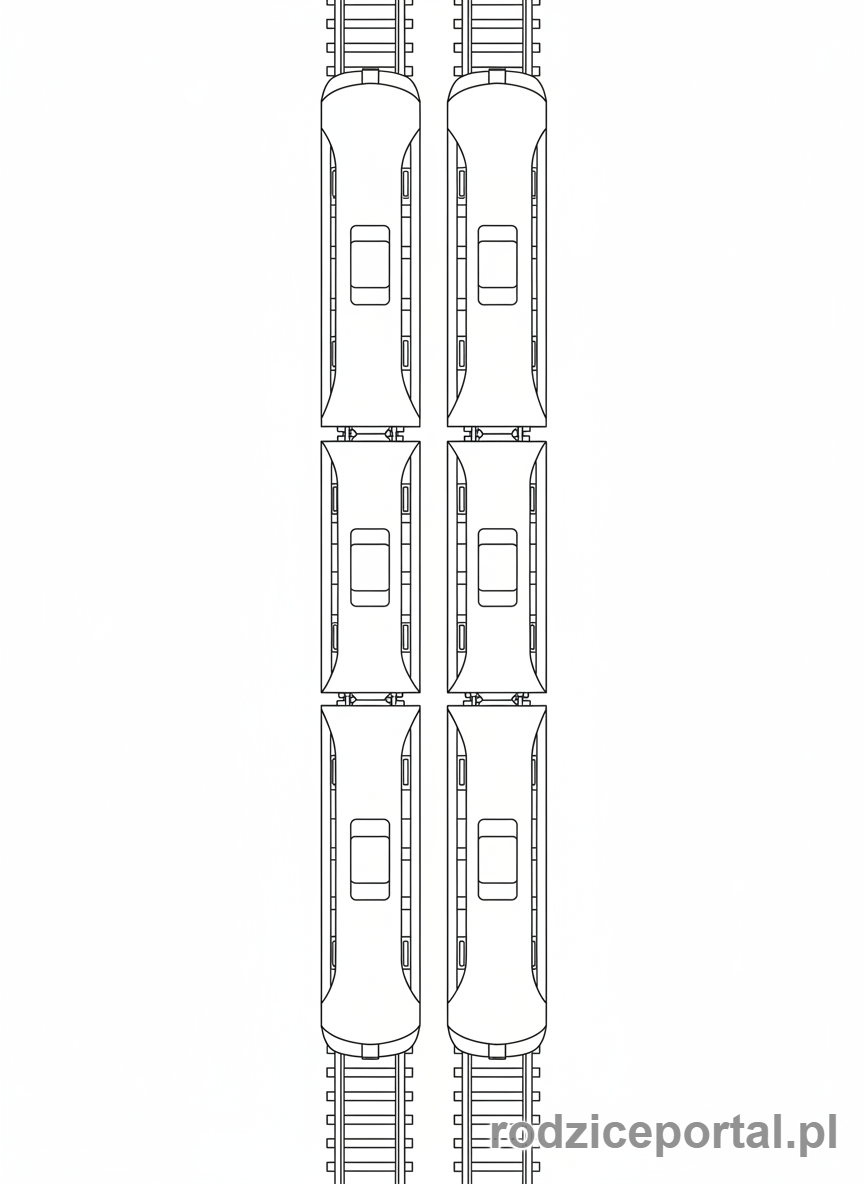 Kolorowanka Pociągi - Pociąg z wagonami osobowymi, widok z góry.