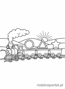 Kolorowanka Pociągi - Pociąg z wagonami przewożącymi różne kształty dla dzieci.