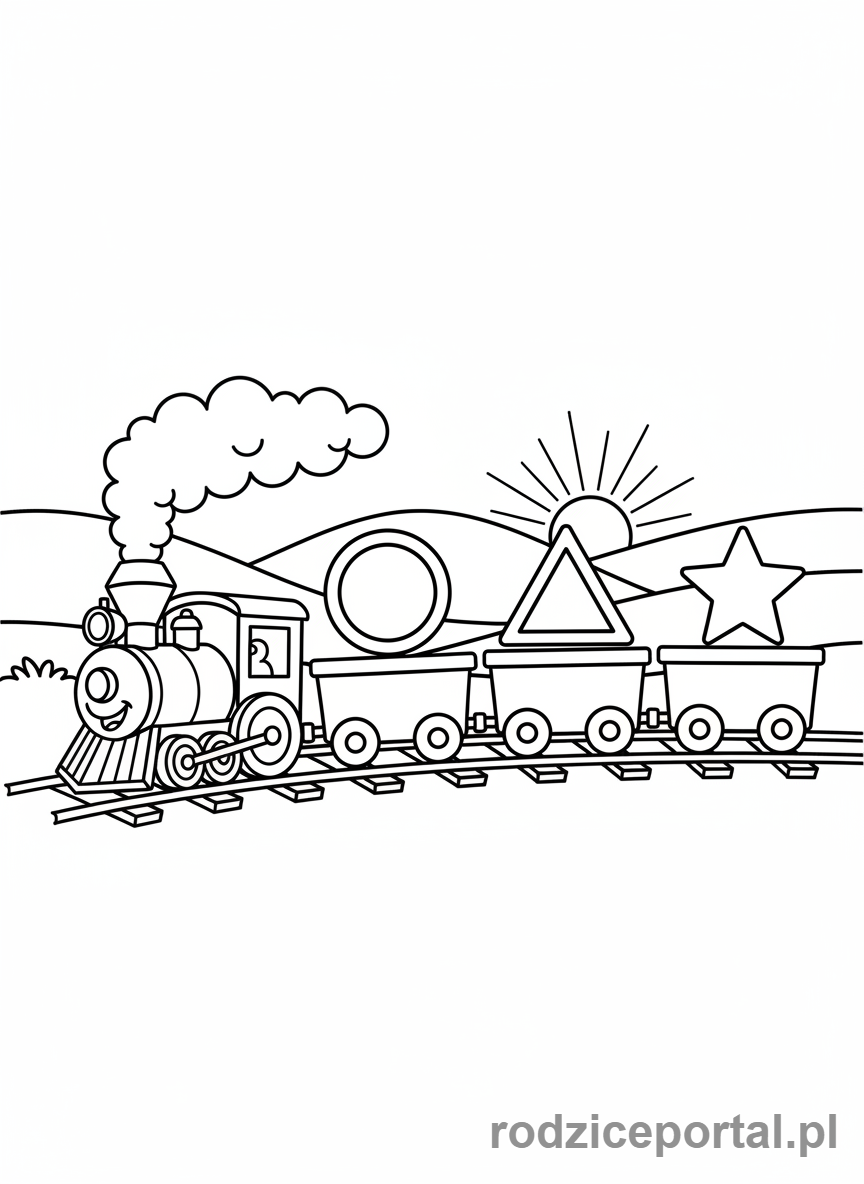 Kolorowanka Pociągi - Pociąg z wagonami przewożącymi różne kształty dla dzieci.