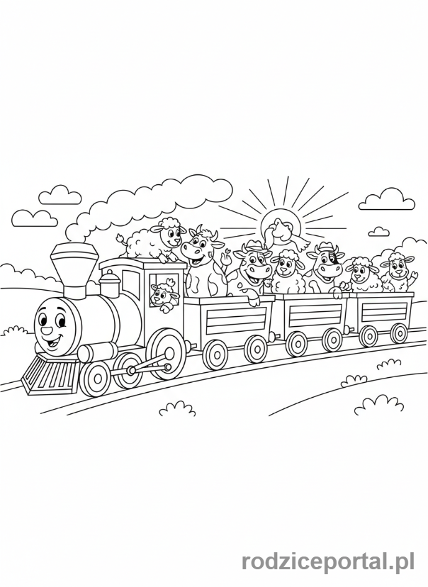 Kolorowanka Pociągi - Pociąg z wagonami zwierząt.