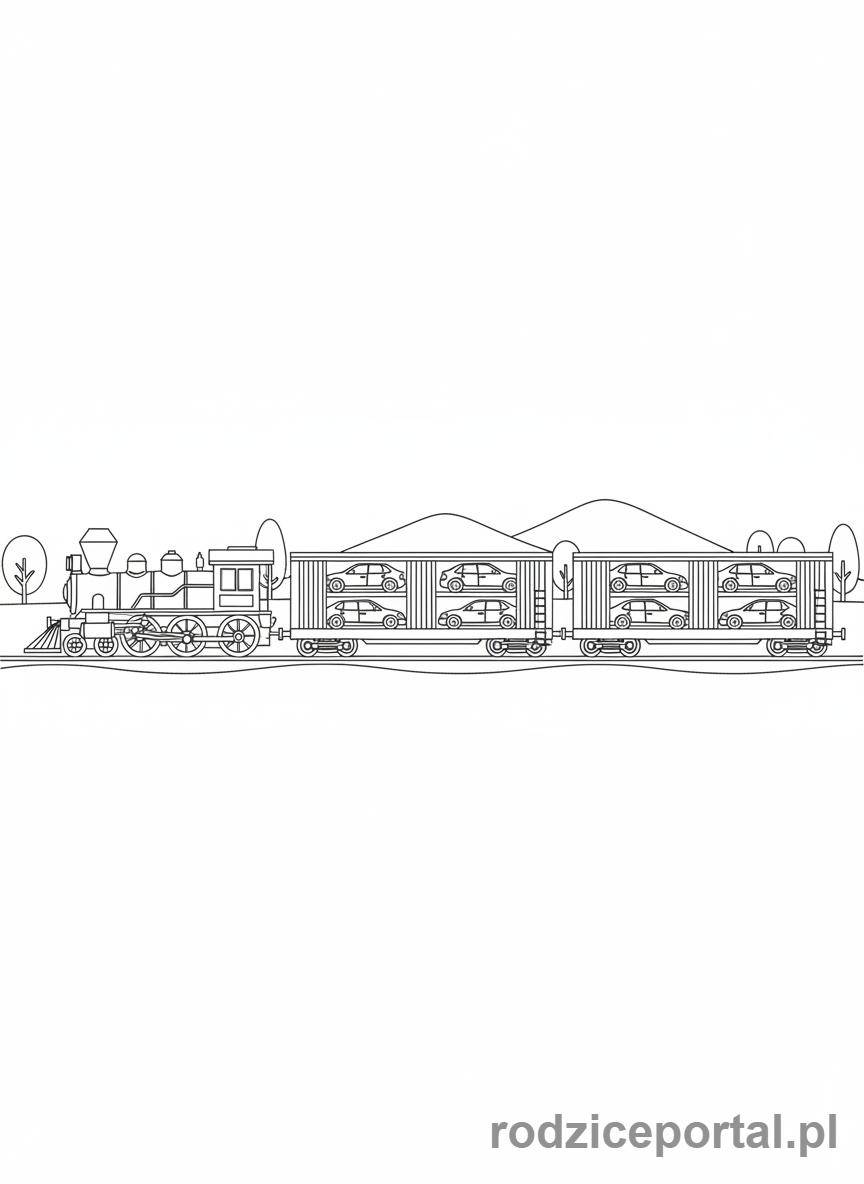 Kolorowanka Pociągi - Pociąg z wagonem do przewozu samochodów.