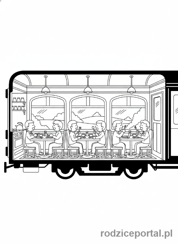 Kolorowanka Pociągi - Pociąg z wagonem restauracyjnym.