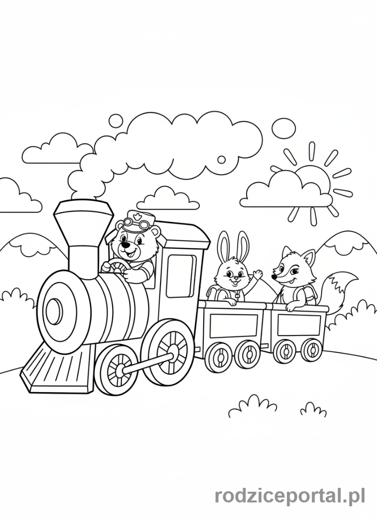 Kolorowanka Pociągi - Pociąg z zabawnymi postaciami zwierząt.