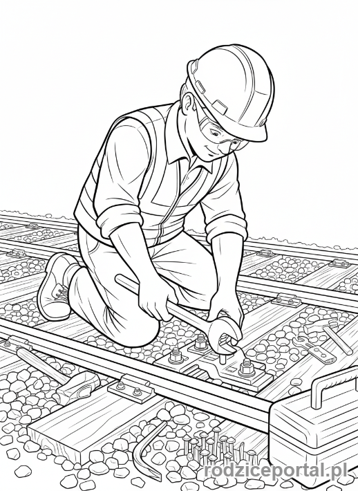 Kolorowanka Pociągi - Robotnik naprawiający tory kolejowe.