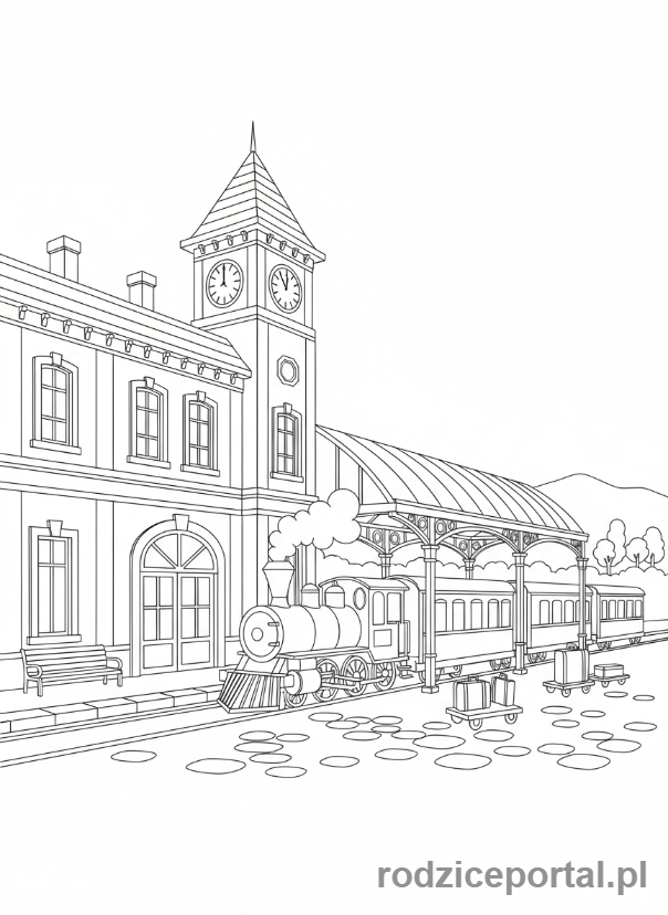 Kolorowanka Pociągi - Stary dworzec kolejowy z pociągiem.