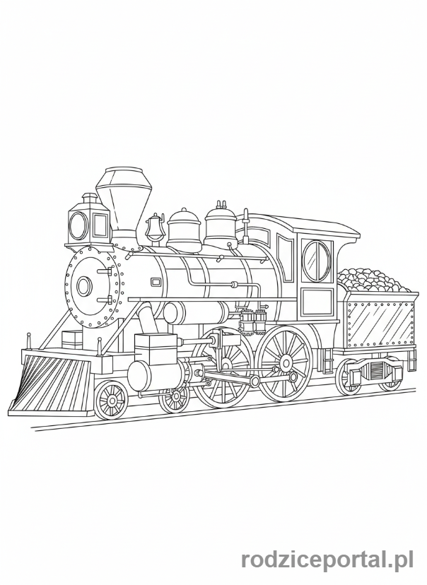 Kolorowanka Pociągi - Szczegółowy rysunek zabytkowej lokomotywy.