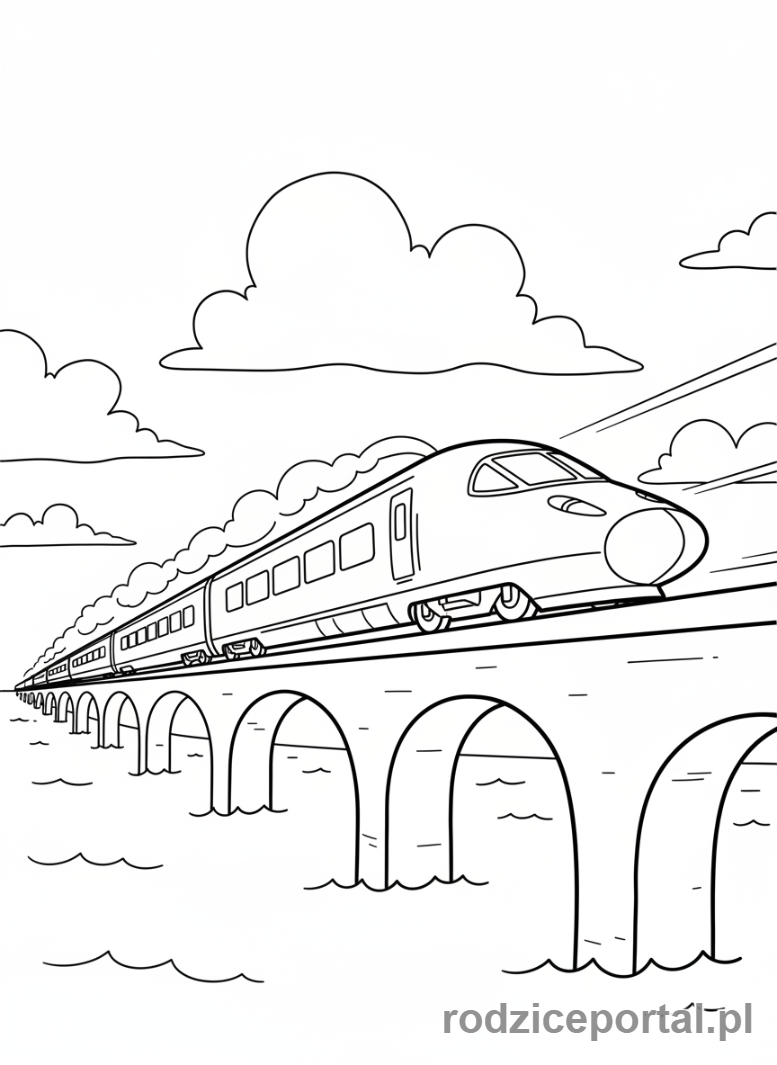 Kolorowanka Pociągi - Szybki pociąg pendolino na moście.