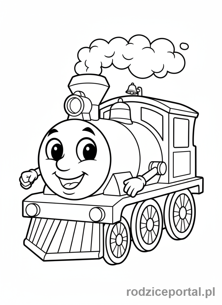 Kolorowanka Pociągi - Uśmiechnięta lokomotywa z kreskówki.