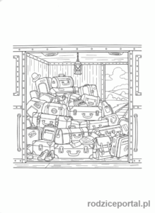 Kolorowanka Pociągi - Wagon bagażowy, otwarty, z walizkami.