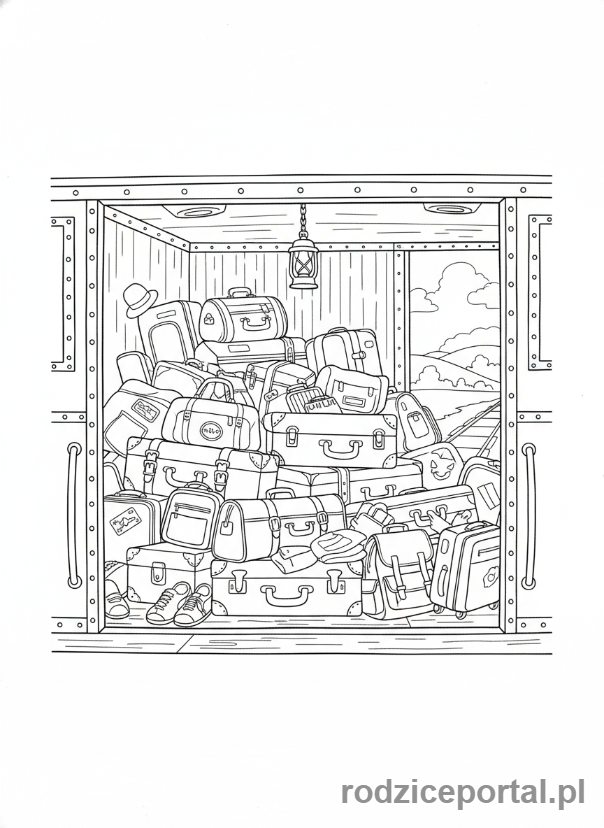 Kolorowanka Pociągi - Wagon bagażowy, otwarty, z walizkami.