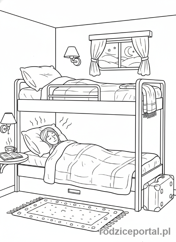Kolorowanka Pociągi - Wagon sypialny wewnątrz, osoby śpiące.