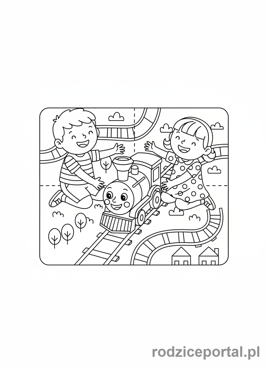 Kolorowanka Pociągi - Zabawkowy pociąg z parą dzieci.