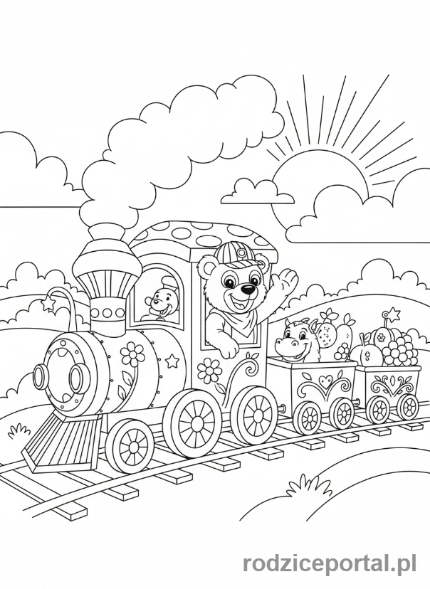 Kolorowanka Pociągi - Zabawny pociąg prowadzony przez zwierzątko.