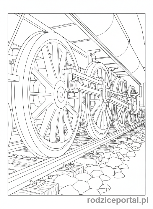 Kolorowanka Pociągi - Zbliżenie na koła pociągu i tory.