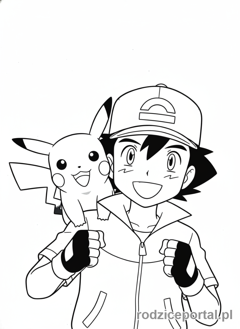 Kolorowanka Pokemon - Ash Ketchum z Pikachu na ramieniu