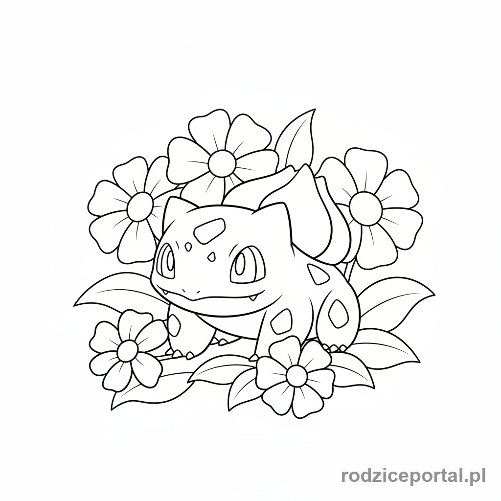Kolorowanka Pokemon - Bulbasaur pośród kwiatów