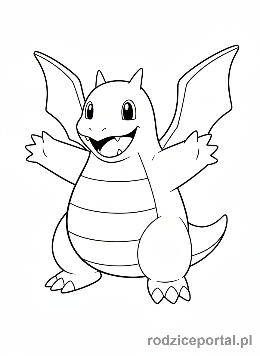 Kolorowanka Pokemon - Dragonite przyjazny i uśmiechnięty