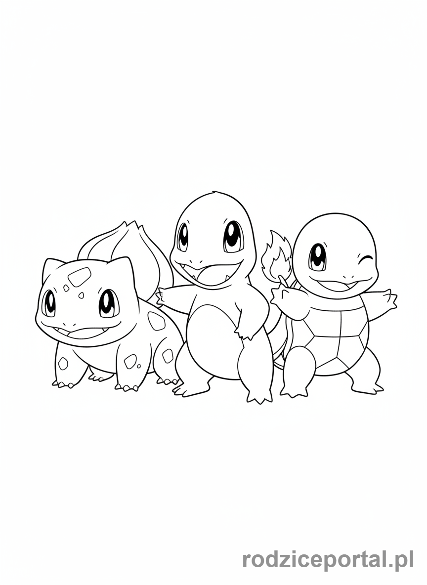 Kolorowanka Pokemon - Grupa startowych Pokemonów z Kanto (Bulbasaur, Charmander, Squirtle)