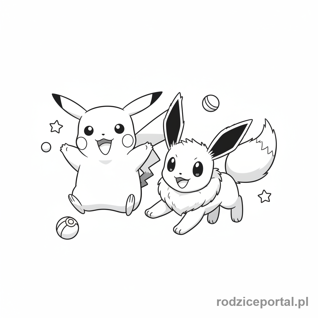 Kolorowanka Pokemon - Pikachu i Eevee bawiące się razem