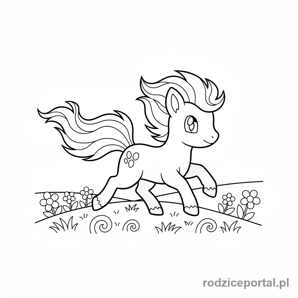 Kolorowanka Pokemon - Ponyta biegnąca przez łąkę