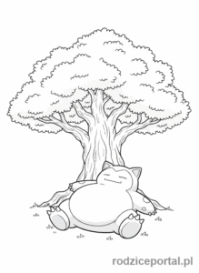 Kolorowanka Pokemon - Snorlax śpiący pod drzewem