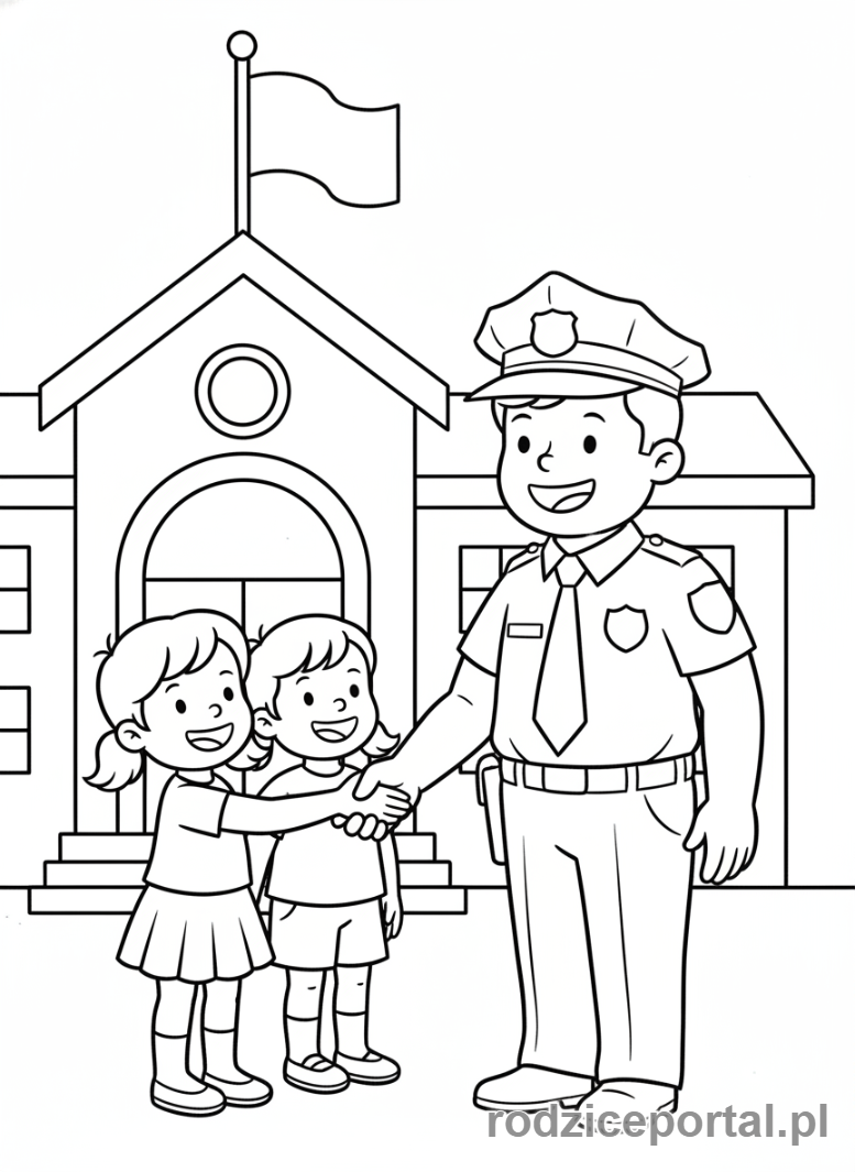 Kolorowanka Policja - Dzieci dziękują policjantowi