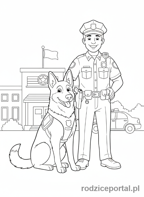 Kolorowanka Policja - Pies policyjny obok policjanta