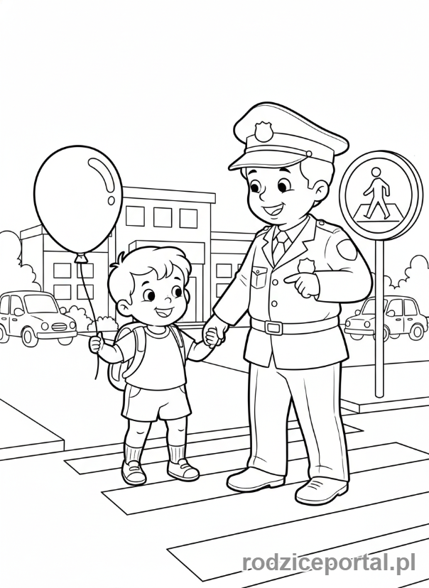 Kolorowanka Policja - Policjant i dziecko na przejściu