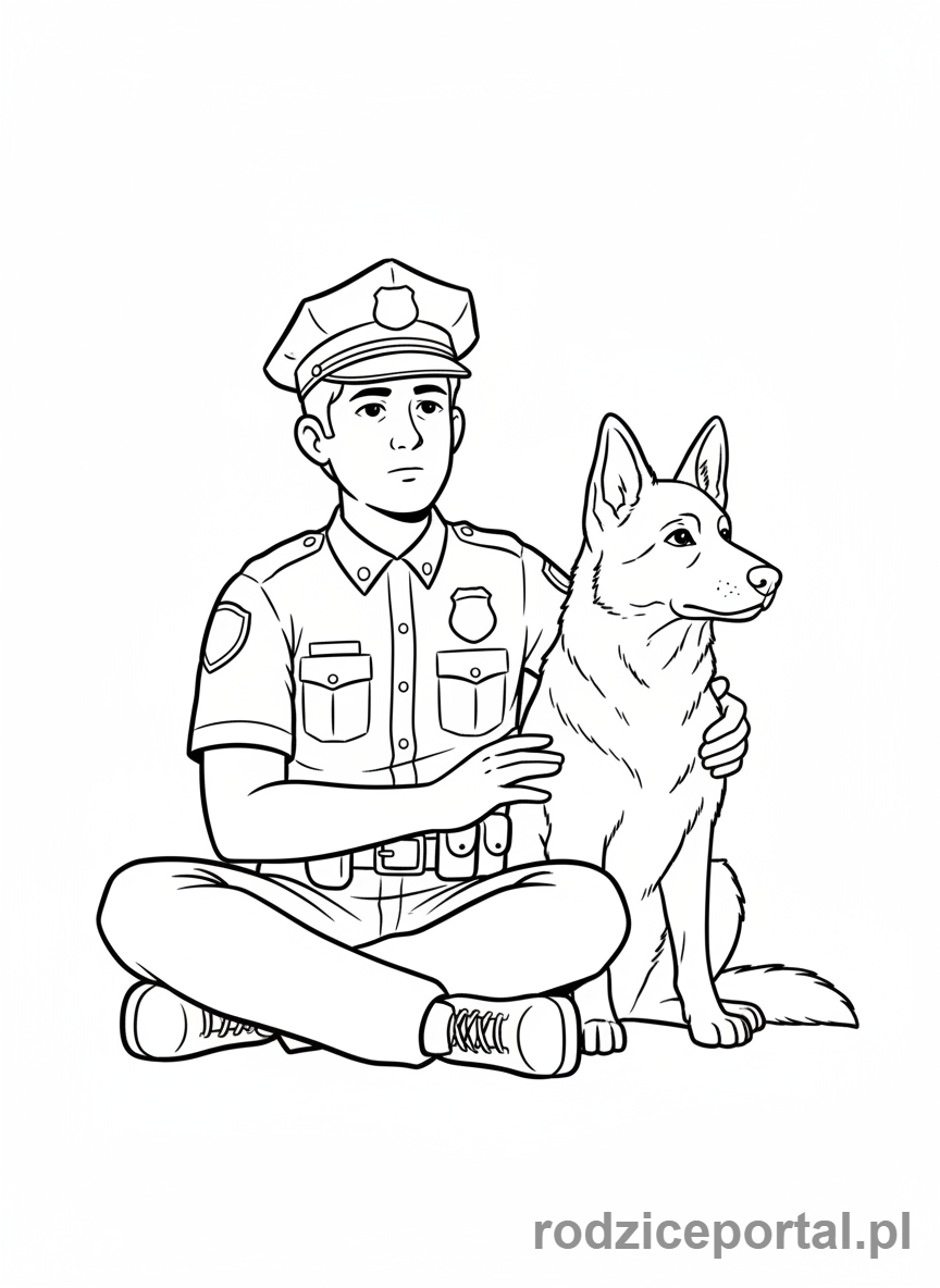 Kolorowanka Policja - Policjant i pies patrzą w dal