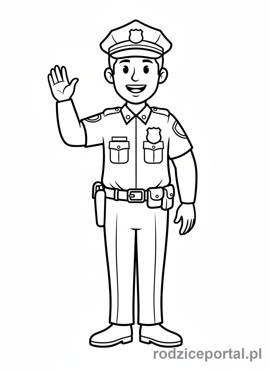 Kolorowanka Policja - Policjant podnosi dłoń na powitanie