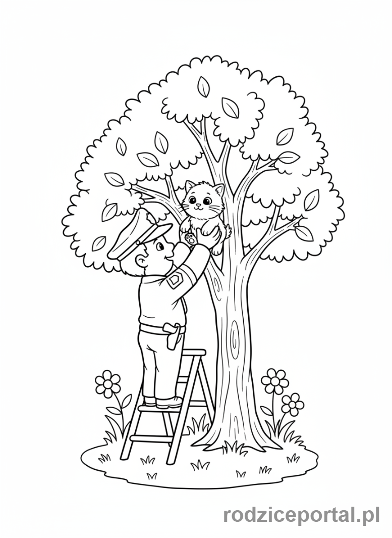 Kolorowanka Policja - Policjant pomaga kotkowi