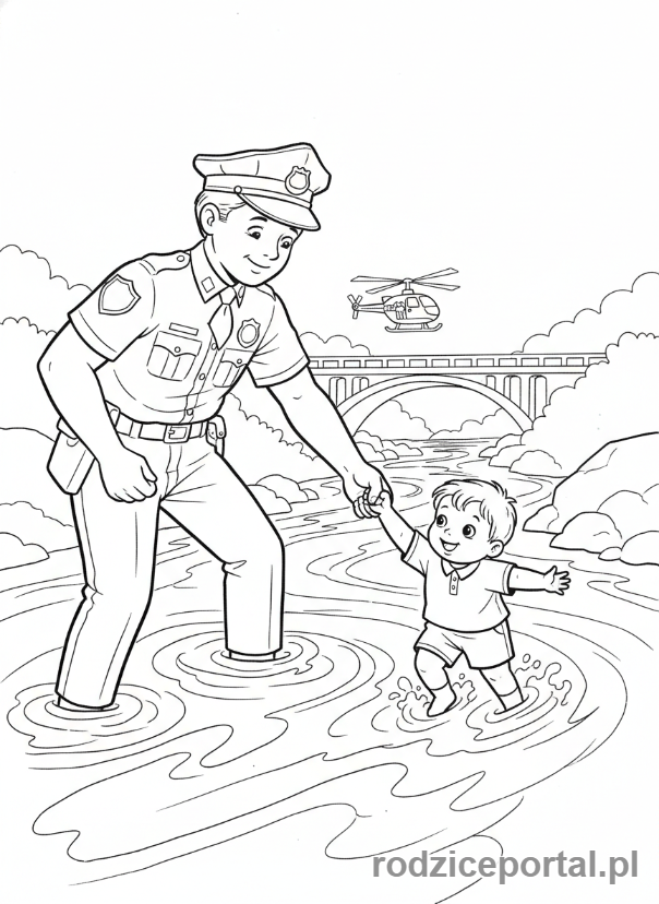 Kolorowanka Policja - Policjant ratuje dziecko z rzeki