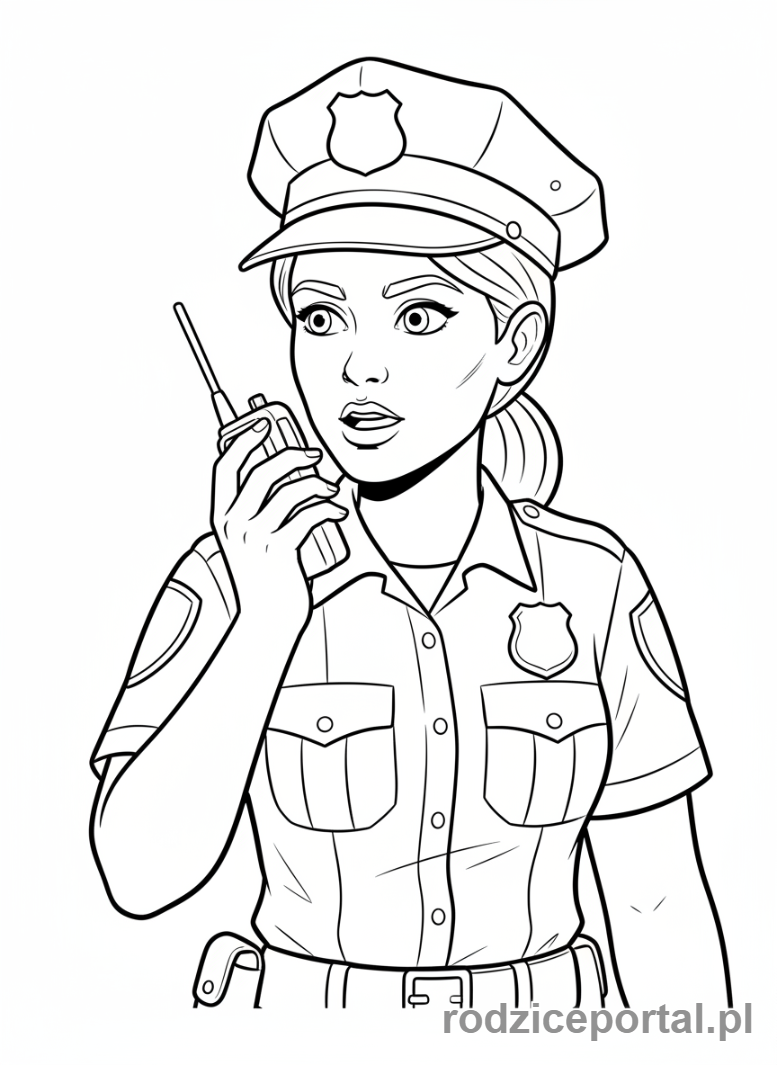 Kolorowanka Policja - Policjantka rozmawiająca przez krótkofalówkę