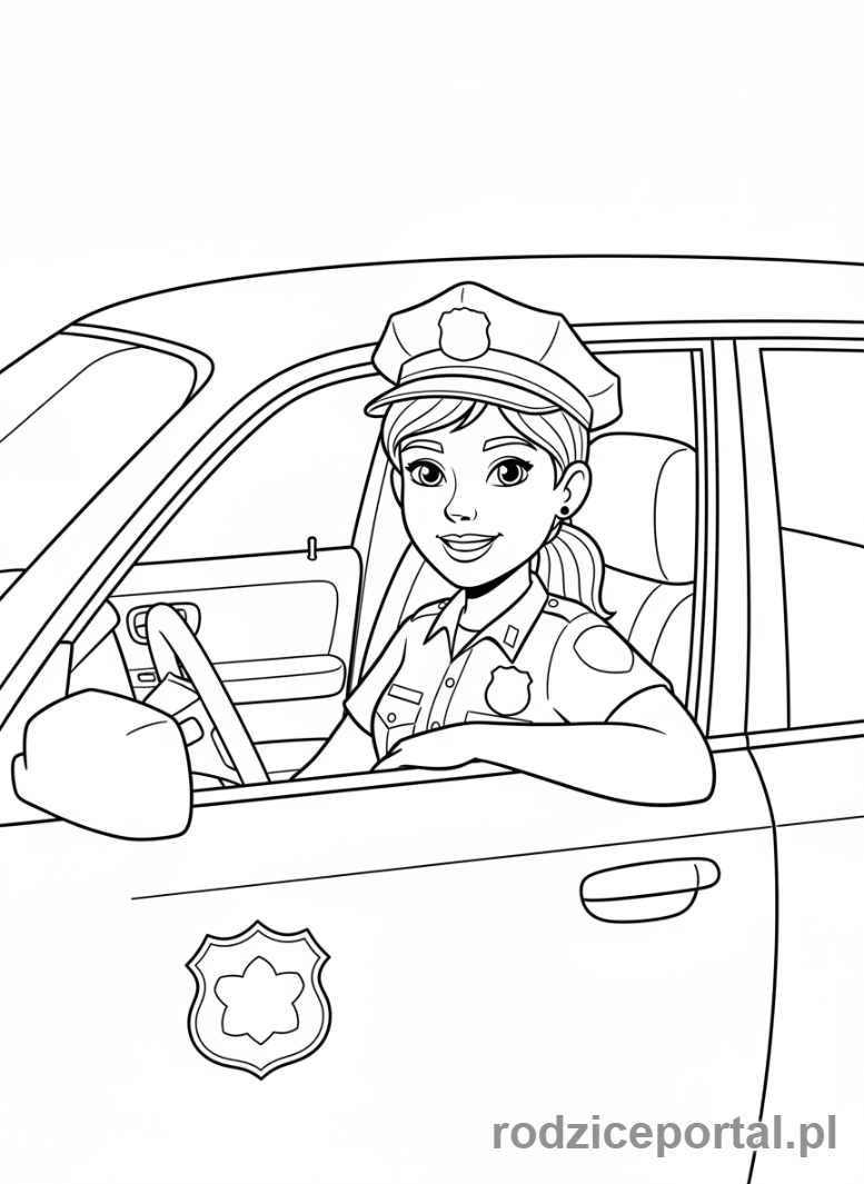 Kolorowanka Policja - Policjantka uśmiechnięta w radiowozie