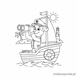 Kolorowanka Psi Patrol - Cap'n Turbot z lornetką na statku.
