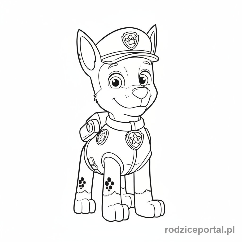 Kolorowanka Psi Patrol - Chase, pies policjant, stoi na baczność.
