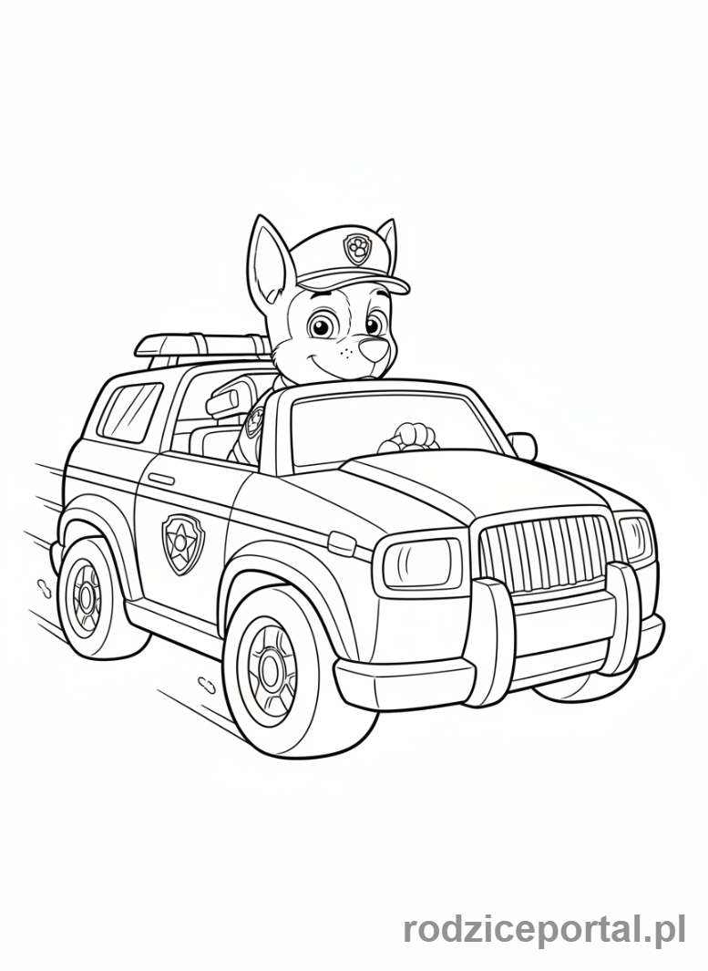 Kolorowanka Psi Patrol - Chase prowadzący swój radiowóz