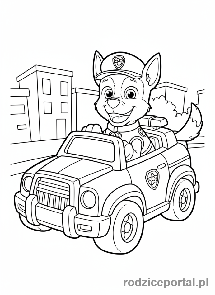 Kolorowanka Psi Patrol - Chase w swoim pojeździe policyjnym