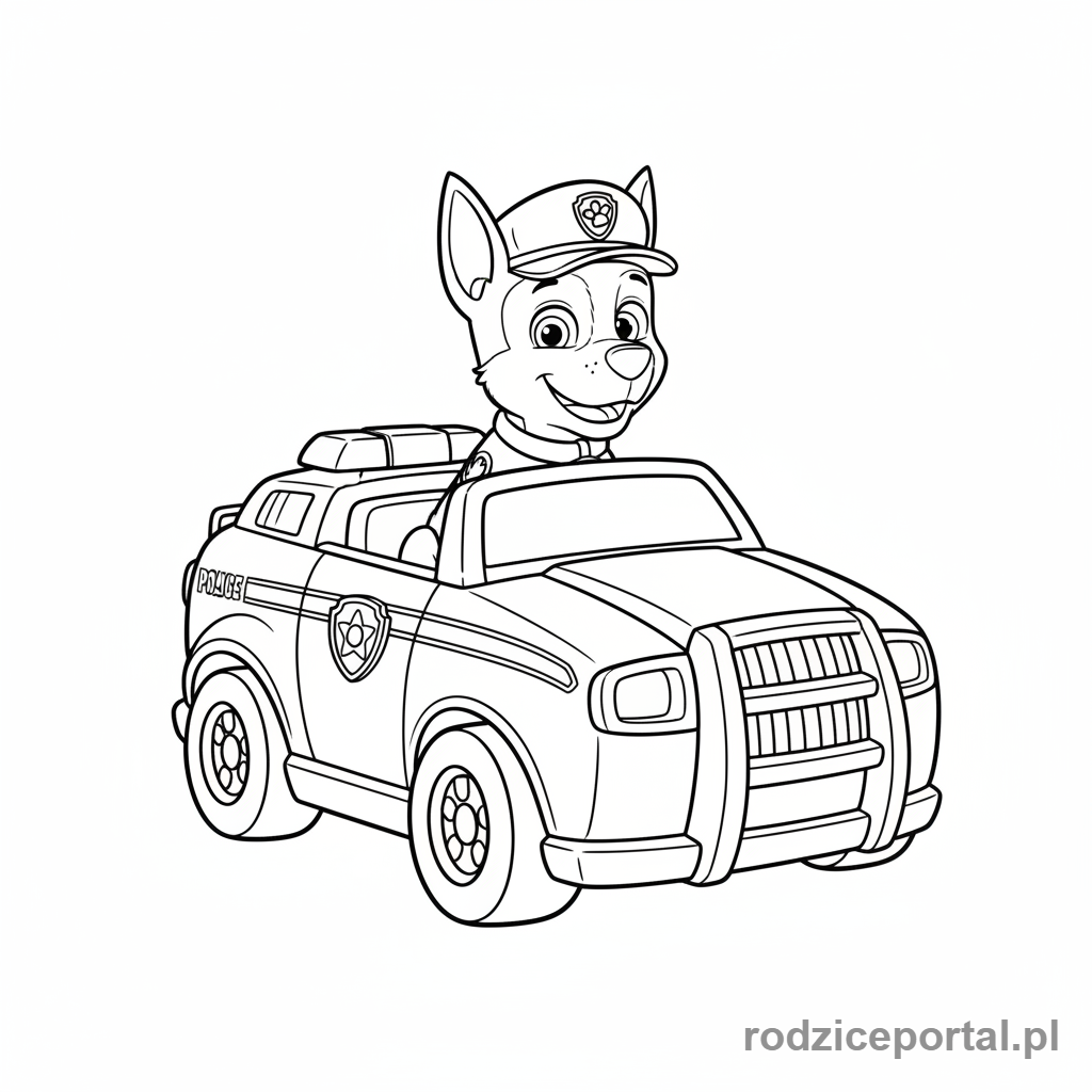 Kolorowanka Psi Patrol - Chase w swoim radiowozie policyjnym.