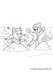 Kolorowanka Psi Patrol - Everest bawiąca się na śniegu z Jakem