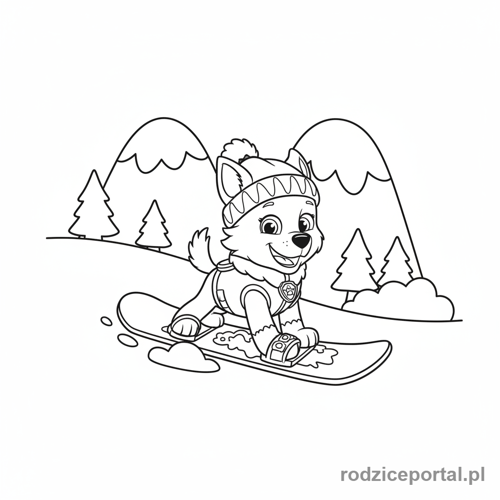 Kolorowanka Psi Patrol - Everest, szczenię ratunkowe, na snowboardzie.