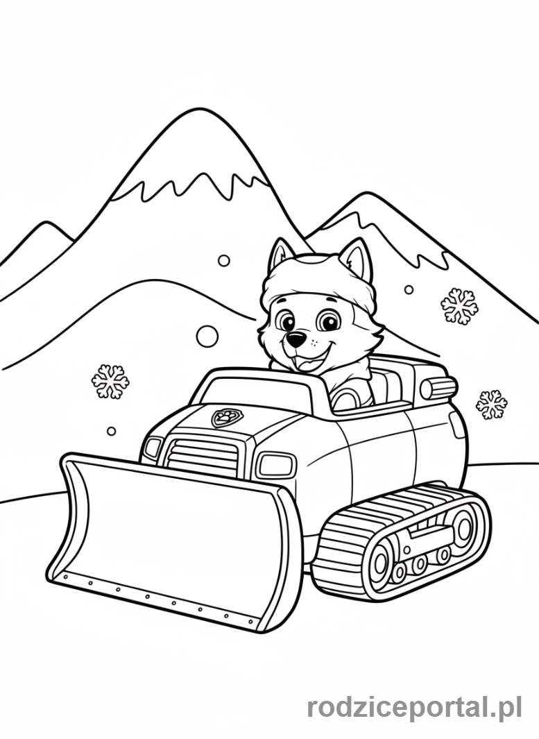 Kolorowanka Psi Patrol - Everest w swoim skuterze śnieżnym, na śniegu
