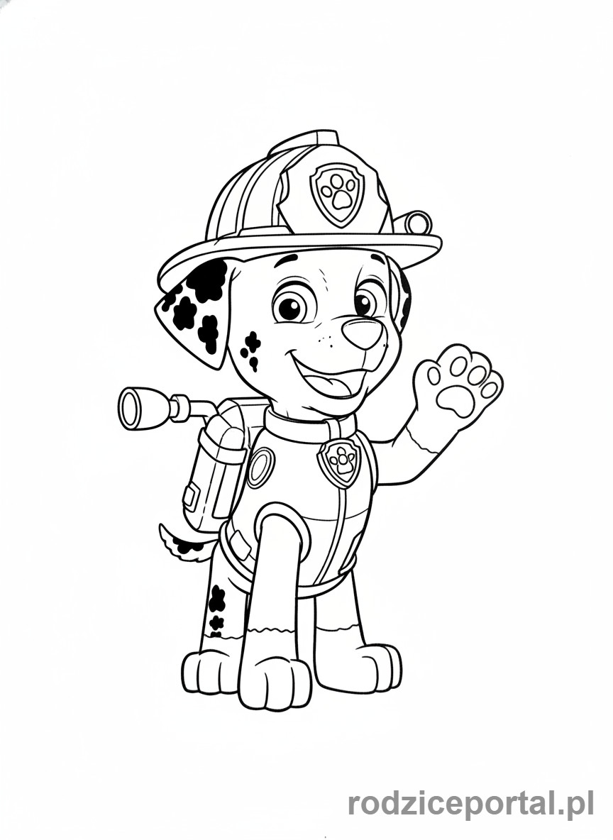 Kolorowanka Psi Patrol - Marshall w stroju strażackim, uśmiechnięty