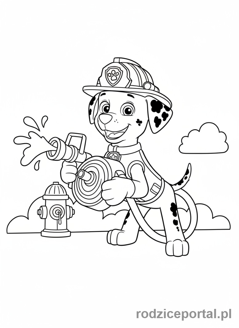 Kolorowanka Psi Patrol - Marshall z wężem strażackim