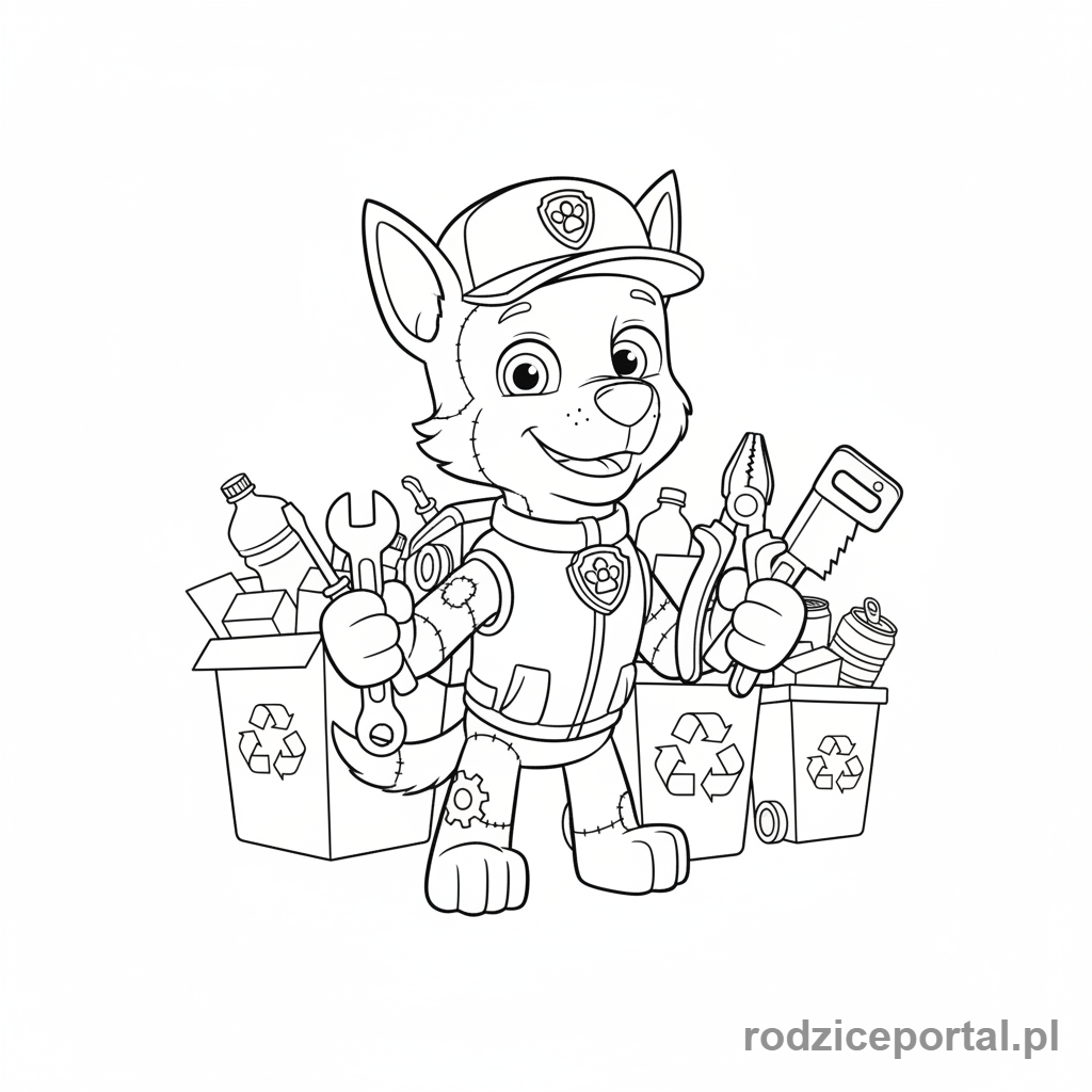 Kolorowanka Psi Patrol - Rocky, pies recyklingowy, trzyma narzędzia.