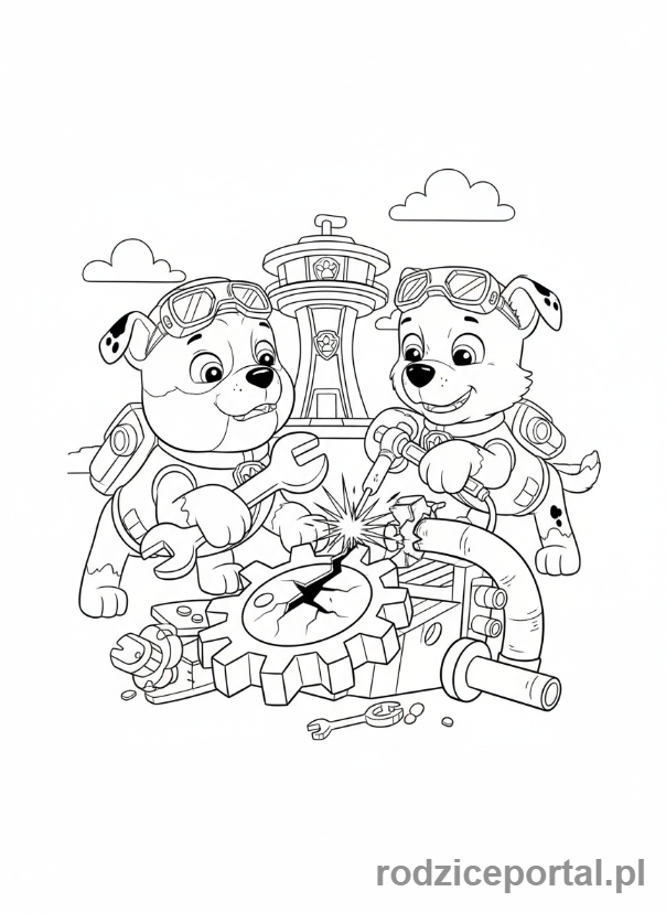 Kolorowanka Psi Patrol - Rubble i Rocky naprawiają coś
