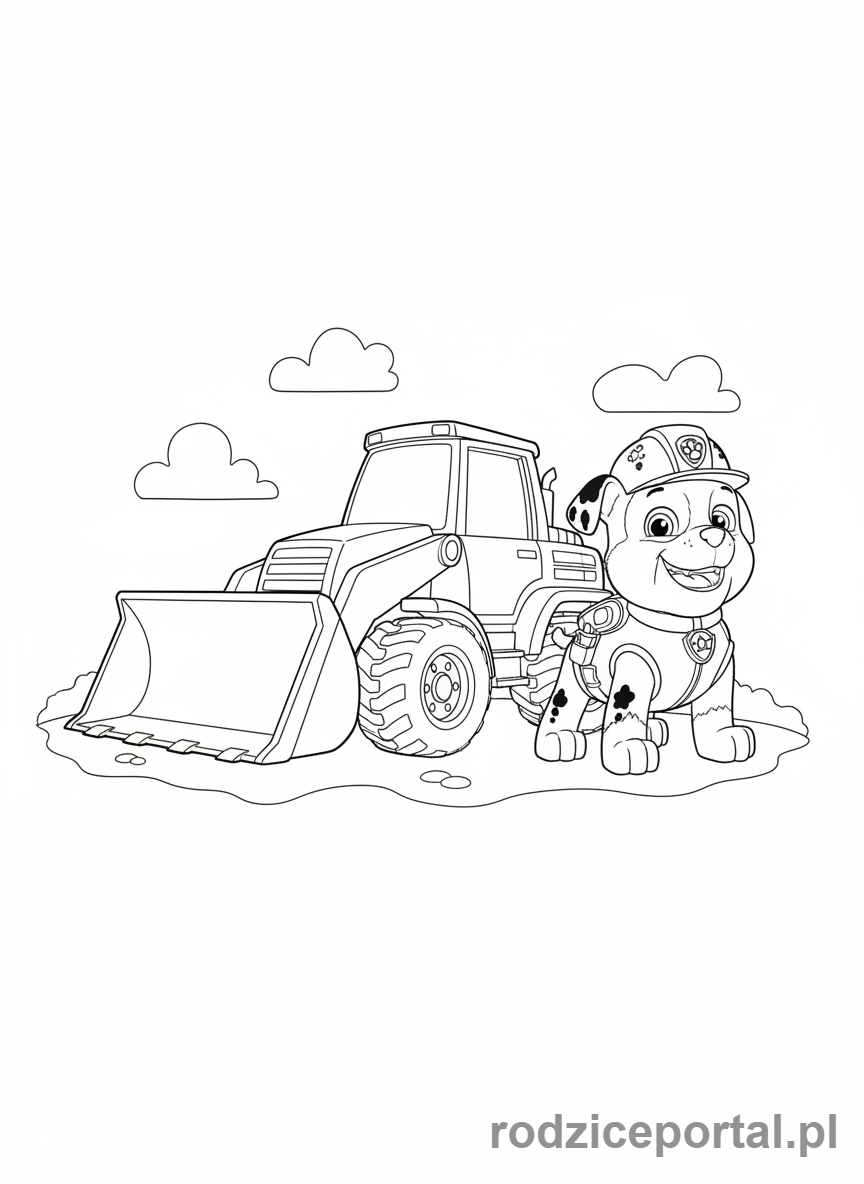Kolorowanka Psi Patrol - Rubble z koparką, budujący coś